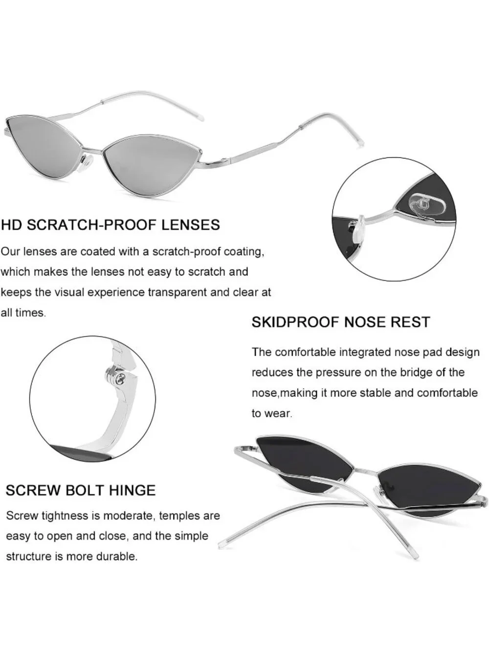 Women's Cat Eye Cute Sunglasses Triangle Vintage Trendy Cool Sun Glasses Silver